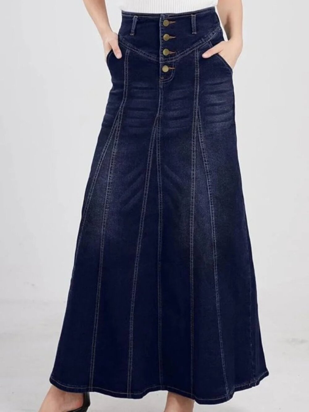 Retro Exposure Button-Fly Packaged Hip A-Line Maxi Long Denim Skirt Dark Blue
